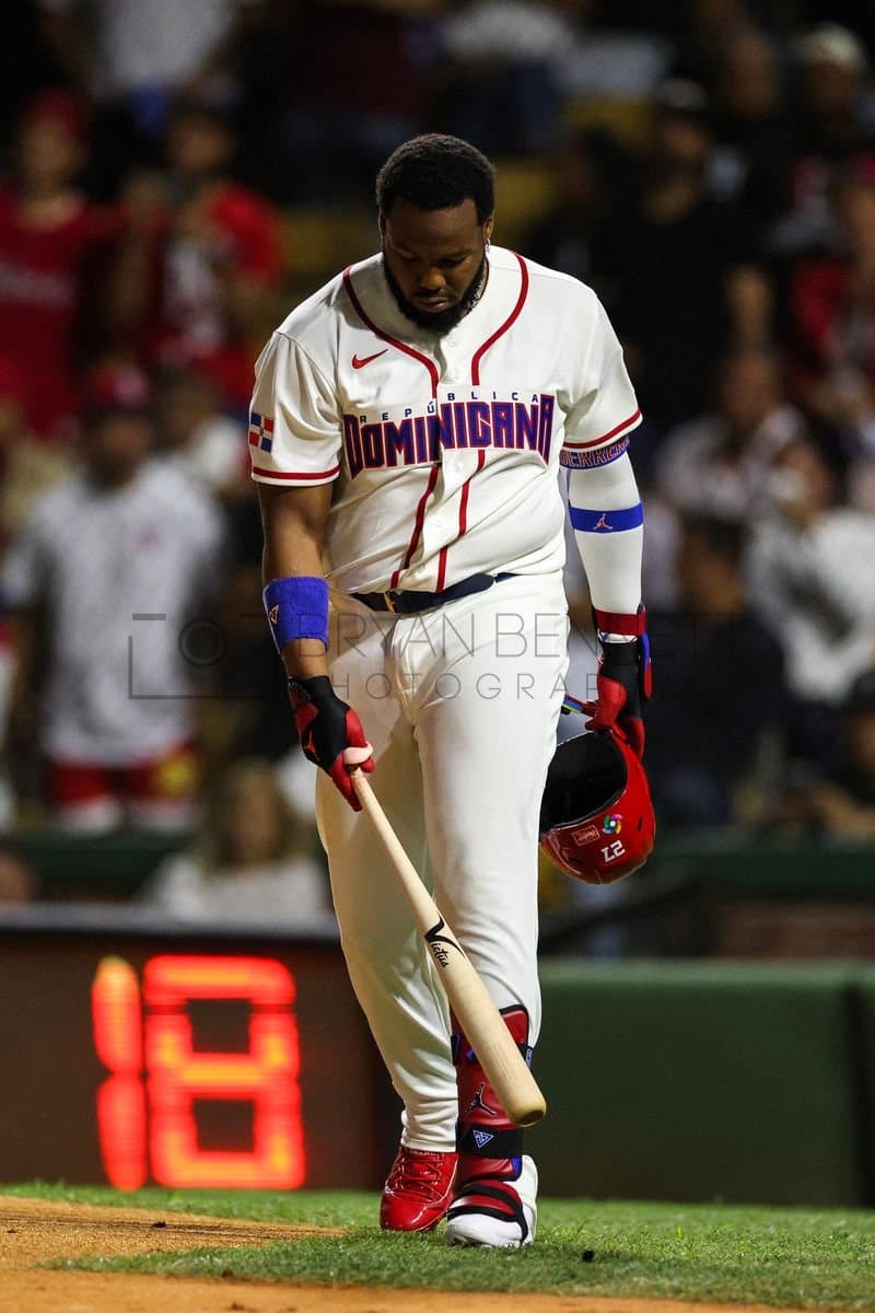 SANTO DOMINGO, DOMINICAN REPUBLIC - MARCH 03: Vladimir Guerrero Jr. #27 of the Dominican Republic reacts during an exhibition game against the Detroit Tigers at Estadio Quisqueya on March 03, 2026 in Santo Domingo, Dominican Republic. (Photo by Bryan Bennett/Getty Images)