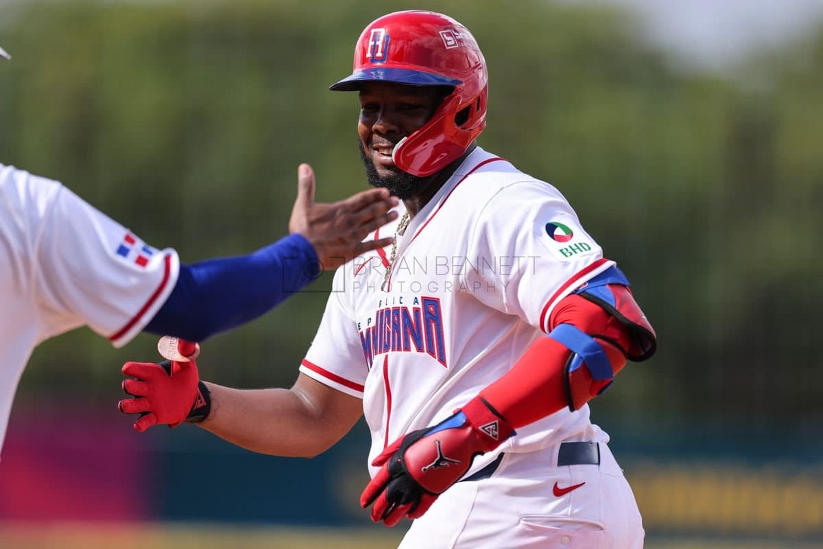 SANTO DOMINGO, DOMINICAN REPUBLIC - MARCH 04: Vladimir Guerrero Jr. #27 of the Dominican Republic reacts during an exhibition game against the Detroit Tigers at Estadio Quisqueya on March 04, 2026 in Santo Domingo, Dominican Republic. (Photo by Bryan Bennett/Getty Images)