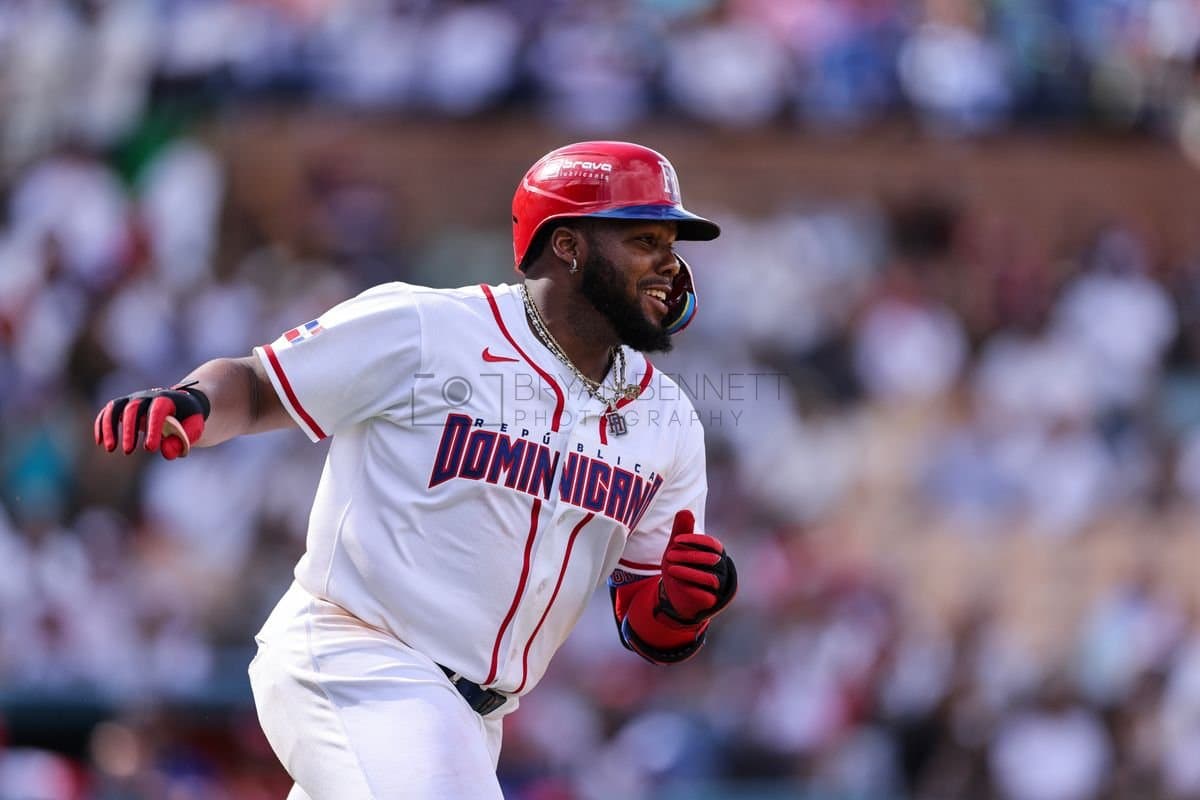 SANTO DOMINGO, DOMINICAN REPUBLIC - MARCH 04: Vladimir Guerrero Jr. #27 of the Dominican Republic reacts during an exhibition game against the Detroit Tigers at Estadio Quisqueya on March 04, 2026 in Santo Domingo, Dominican Republic. (Photo by Bryan Bennett/Getty Images)