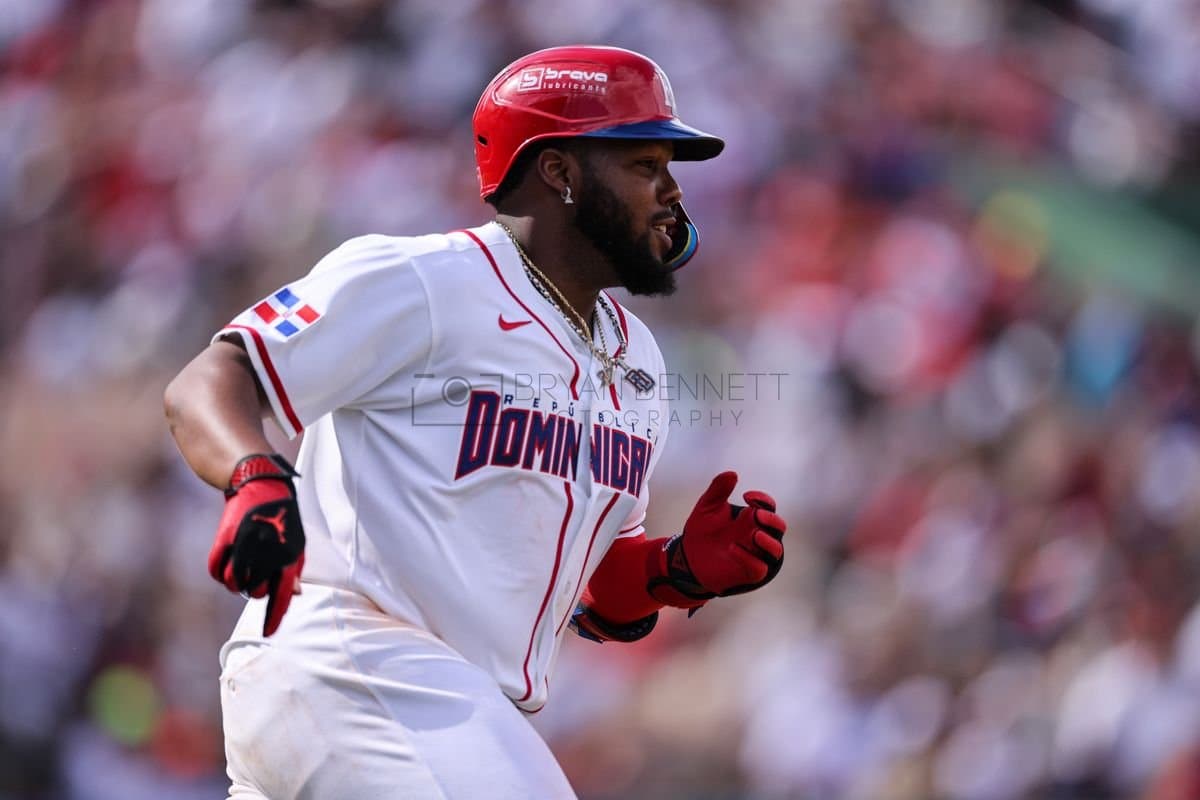 SANTO DOMINGO, DOMINICAN REPUBLIC - MARCH 04: Vladimir Guerrero Jr. #27 of the Dominican Republic reacts during an exhibition game against the Detroit Tigers at Estadio Quisqueya on March 04, 2026 in Santo Domingo, Dominican Republic. (Photo by Bryan Bennett/Getty Images)