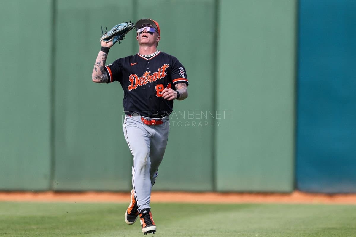SANTO DOMINGO, DOMINICAN REPUBLIC - MARCH 04: Max Clark #84 of the Detroit Tigers catches a ball during an exhibition game against the Dominican Republic at Estadio Quisqueya on March 04, 2026 in Santo Domingo, Dominican Republic. (Photo by Bryan Bennett/Getty Images)