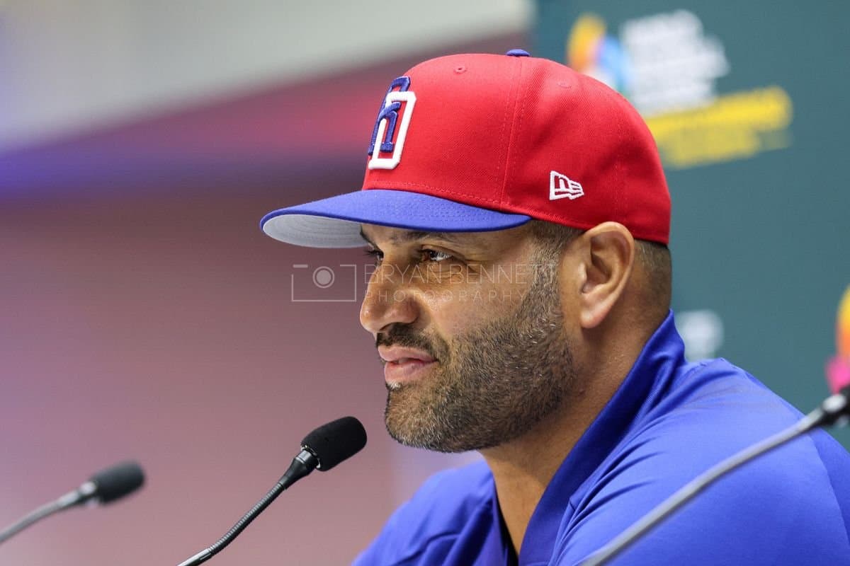 SANTO DOMINGO, DOMINICAN REPUBLIC - MARCH 04: Manger Albert Pujols of the Dominican Republic looks on prior to an exhibition game against the Detroit Tigers at Estadio Quisqueya on March 04, 2026 in Santo Domingo, Dominican Republic. (Photo by Bryan M. Bennett/Getty Images)