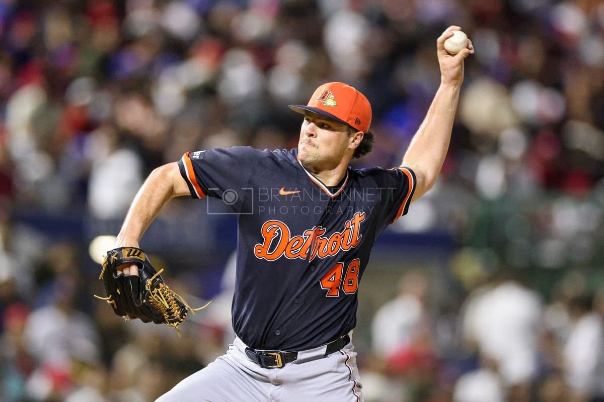 SANTO DOMINGO, DOMINICAN REPUBLIC - MARCH 03: Brant Hurter #48 of the Detroit Tigers looks on during an exhibition game against the Dominican Republic at Estadio Quisqueya on March 03, 2026 in Santo Domingo, Dominican Republic. (Photo by Bryan Bennett/Getty Images)