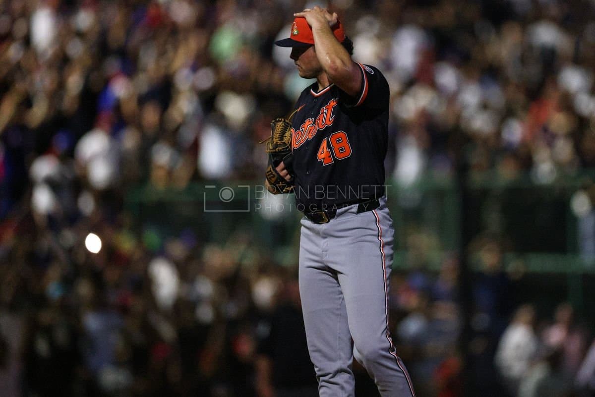 SANTO DOMINGO, DOMINICAN REPUBLIC - MARCH 03: Brant Hurter #48 of the Detroit Tigers reacts during the fourth inning of an exhibition game against the Dominican Republic at Estadio Quisqueya on March 03, 2026 in Santo Domingo, Dominican Republic. (Photo by Bryan Bennett/Getty Images)