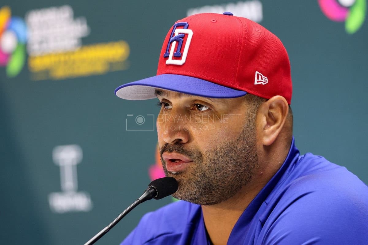 SANTO DOMINGO, DOMINICAN REPUBLIC - MARCH 04: Manager Albert Pujols of the Dominican Republic speaks with media after an exhibition game against the Detroit Tigers at Estadio Quisqueya on March 04, 2026 in Santo Domingo, Dominican Republic. (Photo by Bryan Bennett/Getty Images)