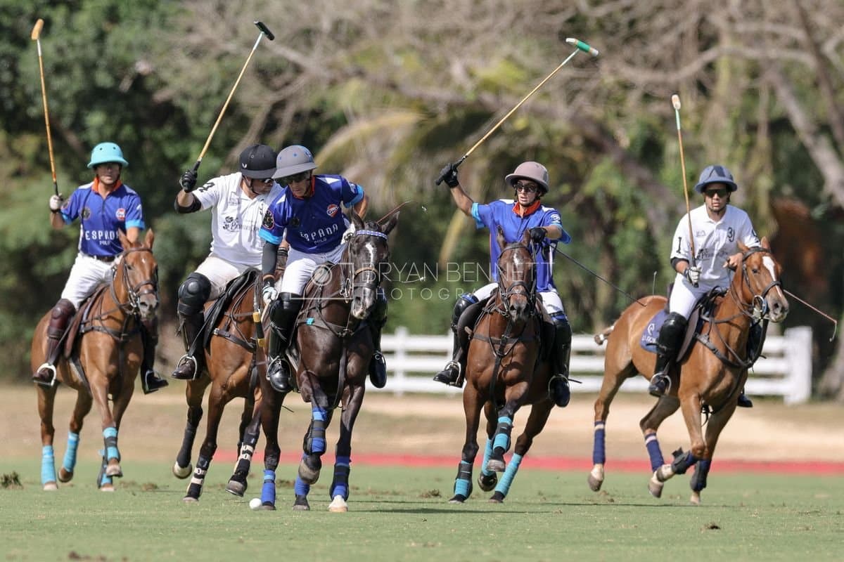La Romanza 3J and La Espada Gulf play polo during the Copa Britanica at Casa de Campo Polo Club in La Romana, Dominican Republic on March 6, 2026. (Photos by Bryan Bennett)