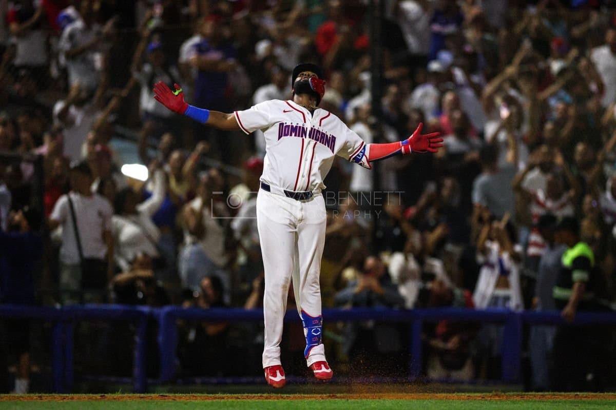 SANTO DOMINGO, DOMINICAN REPUBLIC - MARCH 03: Junior Caminero #13 of the Dominican Republic reacts after hitting a home run during the fourth inning against the Detroit Tigers at Estadio Quisqueya on March 03, 2026 in Santo Domingo, Dominican Republic. (Photo by Bryan M. Bennett/Getty Images)