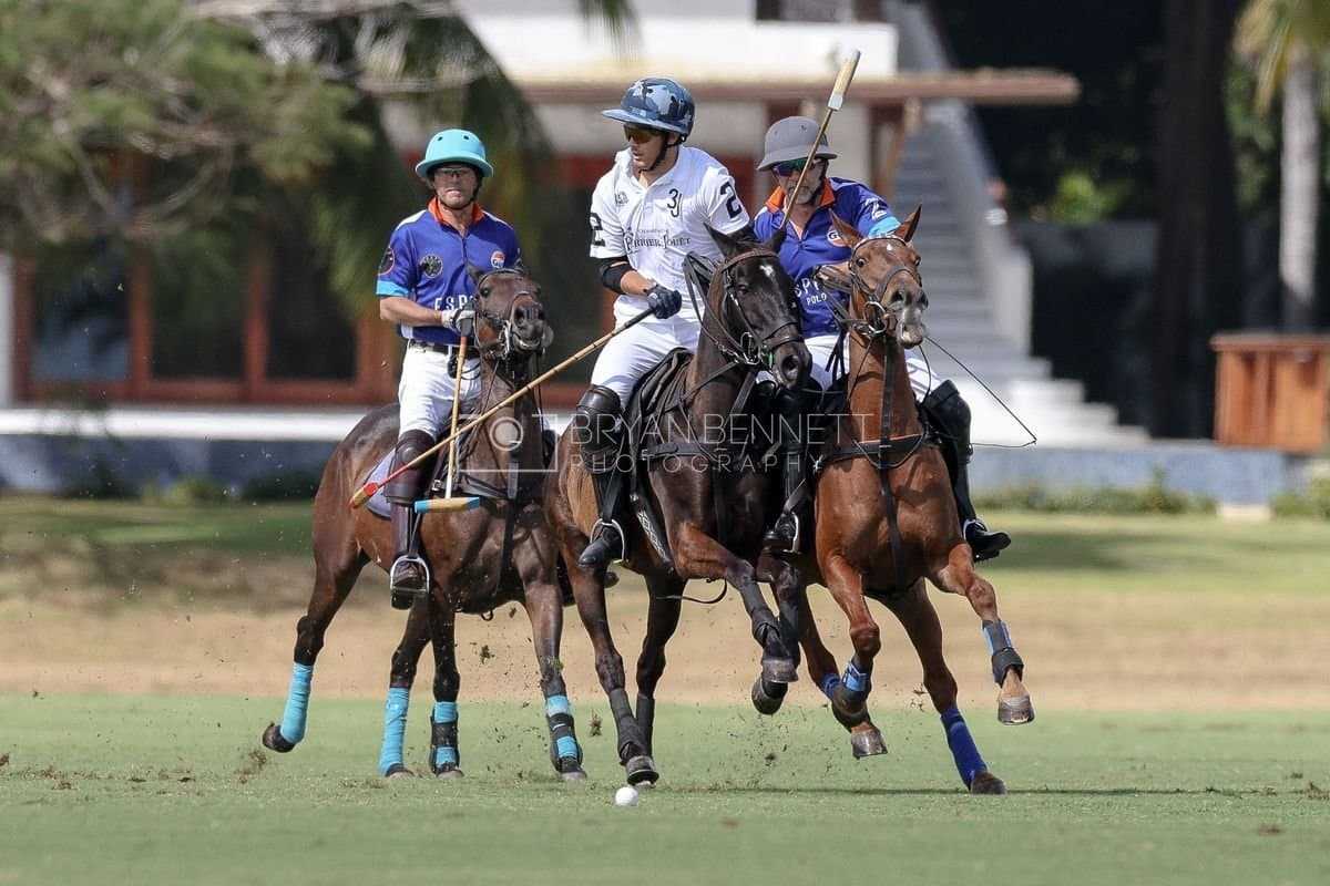 La Romanza 3J and La Espada Gulf play polo during the Copa Britanica at Casa de Campo Polo Club in La Romana, Dominican Republic on March 6, 2026. (Photos by Bryan Bennett)