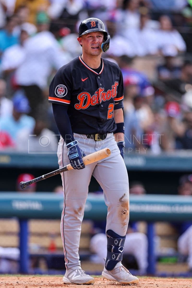 SANTO DOMINGO, DOMINICAN REPUBLIC - MARCH 04: Spencer Torkelson #20 of the Detroit Tigers looks on during an exhibition game against the Dominican Republic at Estadio Quisqueya on March 04, 2026 in Santo Domingo, Dominican Republic. (Photo by Bryan Bennett/Getty Images)
