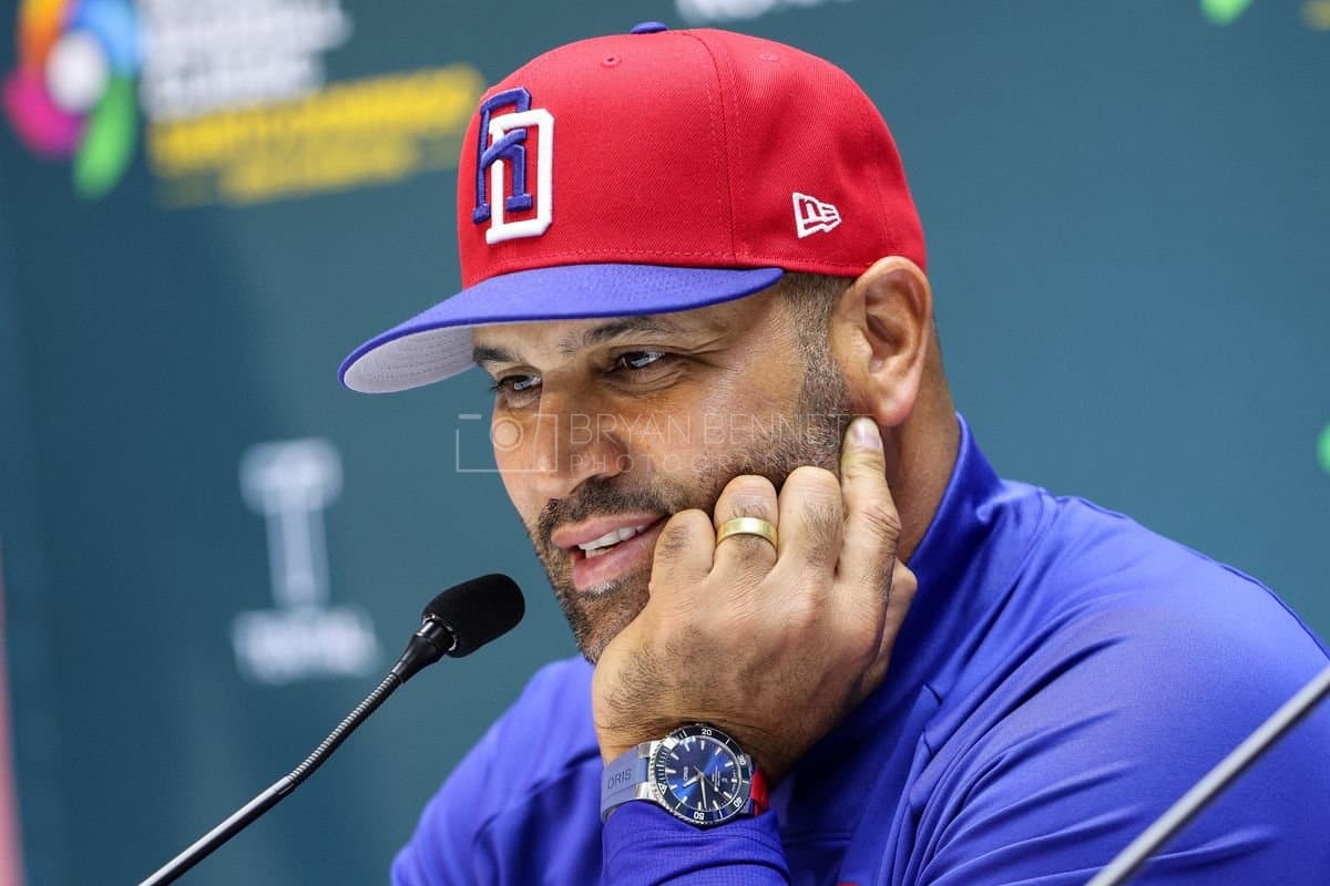 SANTO DOMINGO, DOMINICAN REPUBLIC - MARCH 03: Manager Albert Pujols of the Dominican Republic speaks with media after an exhibition game against the Detroit Tigers at Estadio Quisqueya on March 03, 2026 in Santo Domingo, Dominican Republic. (Photo by Bryan Bennett/Getty Images)
