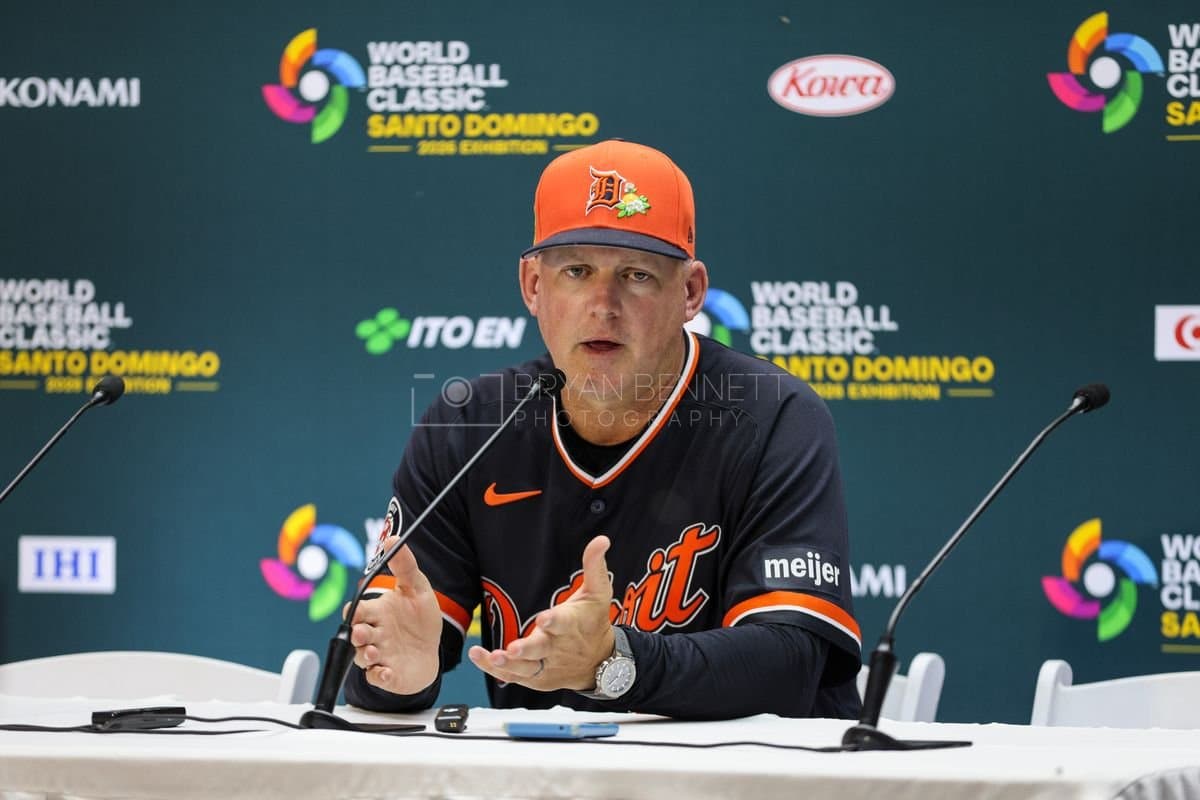 SANTO DOMINGO, DOMINICAN REPUBLIC - MARCH 04: Manager A.J. Hinch of the Detroit Tigers speaks with media after an exhibition game against the Dominican Republic at Estadio Quisqueya on March 04, 2026 in Santo Domingo, Dominican Republic. (Photo by Bryan Bennett/Getty Images)