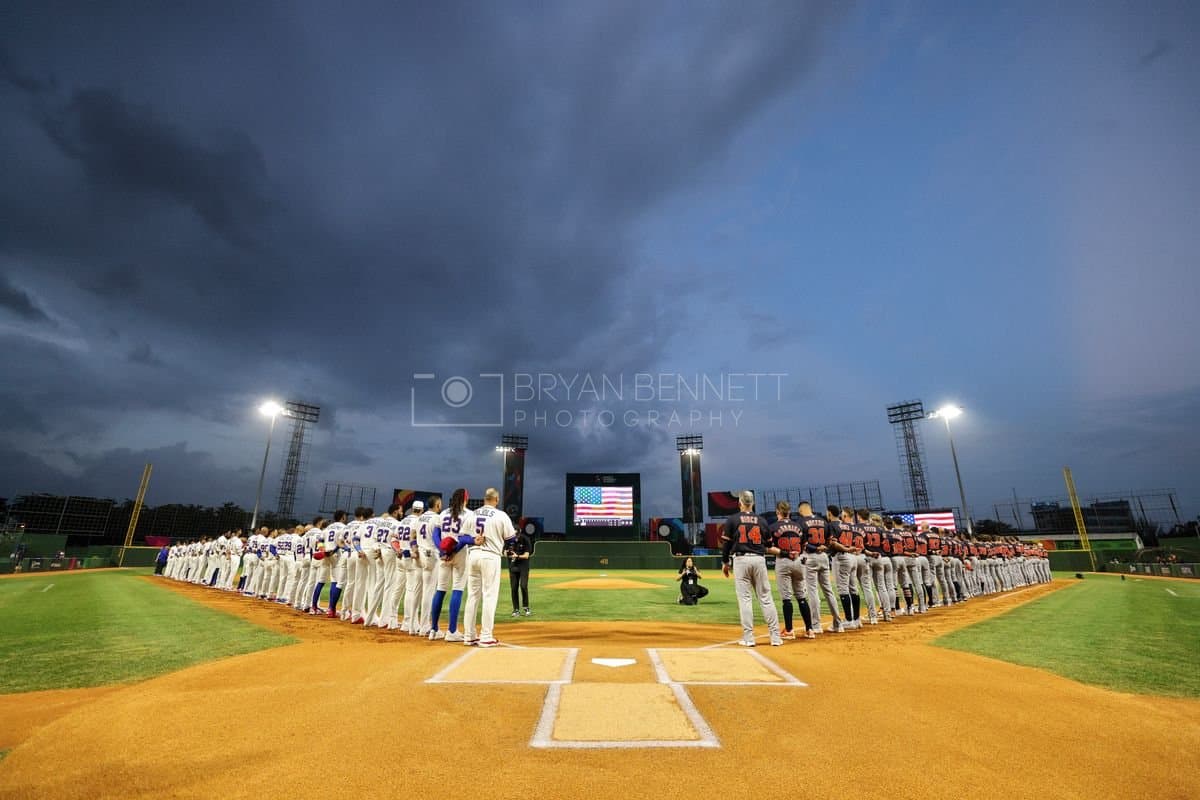 SANTO DOMINGO, DOMINICAN REPUBLIC - MARCH 03: Dominican Republic and Detroit Tigers line up during the National Anthem prior to an exhibition game at Estadio Quisqueya on March 03, 2026 in Santo Domingo, Dominican Republic. (Photo by Bryan Bennett/Getty Images)