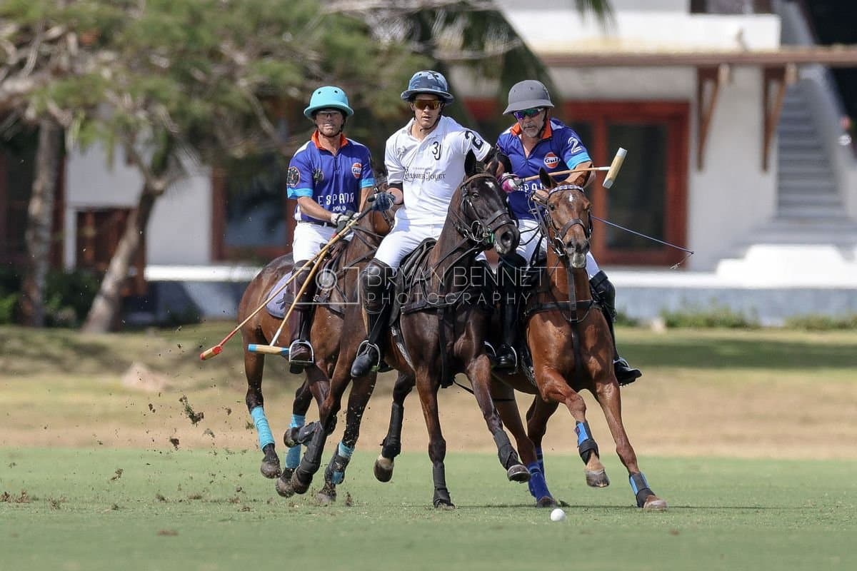 La Romanza 3J and La Espada Gulf play polo during the Copa Britanica at Casa de Campo Polo Club in La Romana, Dominican Republic on March 6, 2026. (Photos by Bryan Bennett)
