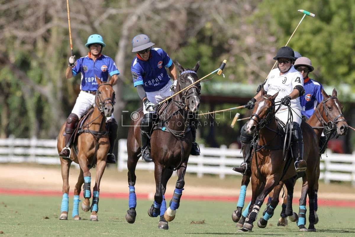 La Romanza 3J and La Espada Gulf play polo during the Copa Britanica at Casa de Campo Polo Club in La Romana, Dominican Republic on March 6, 2026. (Photos by Bryan Bennett)