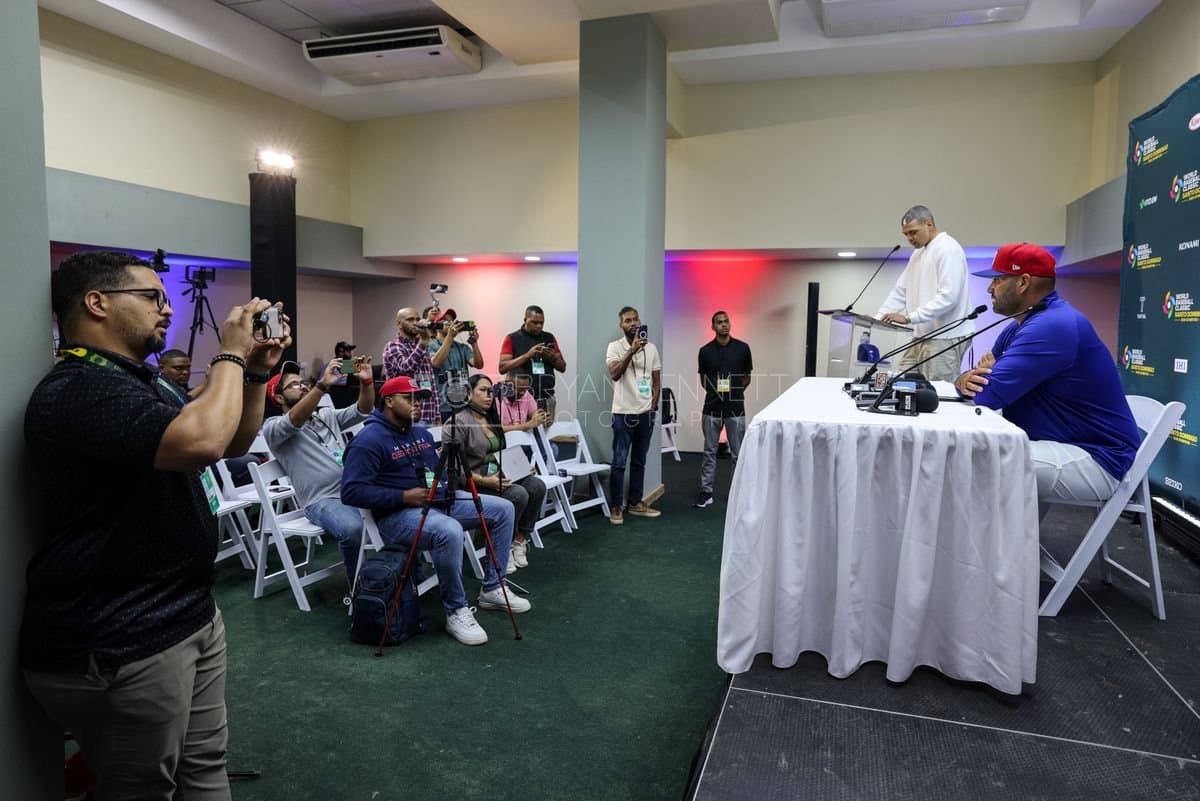 SANTO DOMINGO, DOMINICAN REPUBLIC - MARCH 04: Manager Albert Pujols of the Dominican Republic speaks with media prior to an exhibition game against the Detroit Tigers at Estadio Quisqueya on March 04, 2026 in Santo Domingo, Dominican Republic. (Photo by Bryan Bennett/Getty Images)