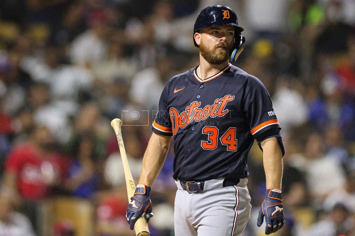 SANTO DOMINGO, DOMINICAN REPUBLIC - MARCH 03: Jake Rogers #34 of the Detroit Tigers looks on during an exhibition game against the Dominican Republic at Estadio Quisqueya on March 03, 2026 in Santo Domingo, Dominican Republic. (Photo by Bryan Bennett/Getty Images)