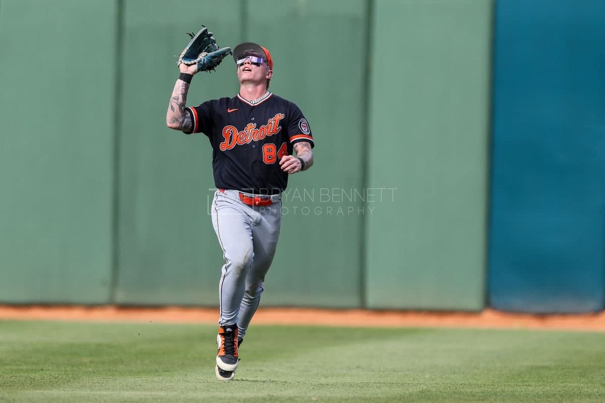 SANTO DOMINGO, DOMINICAN REPUBLIC - MARCH 04: Max Clark #84 of the Detroit Tigers catches a ball during an exhibition game against the Dominican Republic at Estadio Quisqueya on March 04, 2026 in Santo Domingo, Dominican Republic. (Photo by Bryan M. Bennett/Getty Images)
