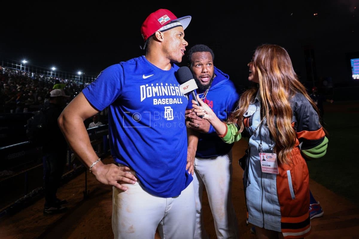 SANTO DOMINGO, DOMINICAN REPUBLIC - MARCH 03: Juan Soto #22 and Vladimir Guerrero Jr. #27 of the Dominican Republic speak with media after an exhibition game against the Detroit Tigers at Estadio Quisqueya on March 03, 2026 in Santo Domingo, Dominican Republic. (Photo by Bryan Bennett/Getty Images)