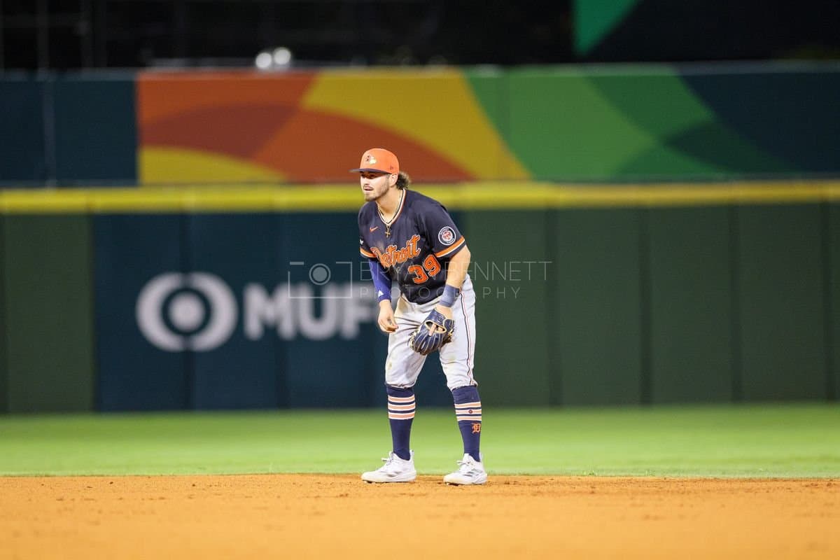 SANTO DOMINGO, DOMINICAN REPUBLIC - MARCH 03: Zach McKinstry #39 of the Detroit Tigers looks on during an exhibition game against the Dominican Republic at Estadio Quisqueya on March 03, 2026 in Santo Domingo, Dominican Republic. (Photo by Bryan Bennett/Getty Images)