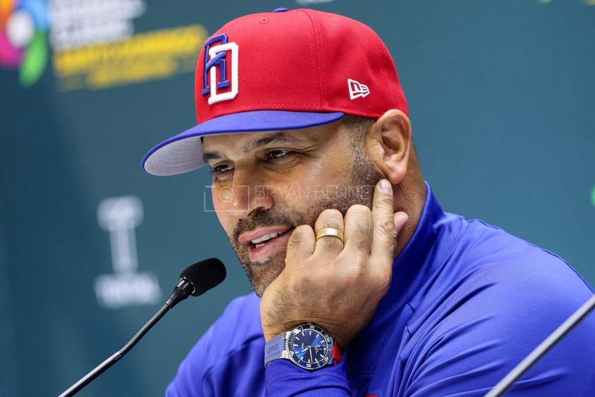 SANTO DOMINGO, DOMINICAN REPUBLIC - MARCH 03: Manager Albert Pujols of the Dominican Republic speaks with media after an exhibition game between the Detroit Tigers and the Dominican Republic at Estadio Quisqueya on March 03, 2026 in Santo Domingo, Dominican Republic. (Photo by Bryan Bennett/Getty Images)
