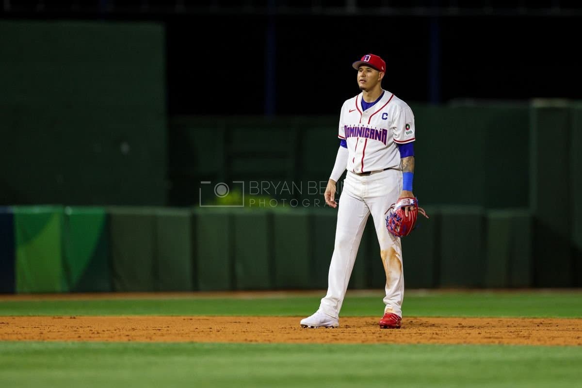 SANTO DOMINGO, DOMINICAN REPUBLIC - MARCH 03: Manny Machado #3 of the Dominican Republic looks on during an exhibition game against the Detroit Tigers at Estadio Quisqueya on March 03, 2026 in Santo Domingo, Dominican Republic. (Photo by Bryan Bennett/Getty Images)