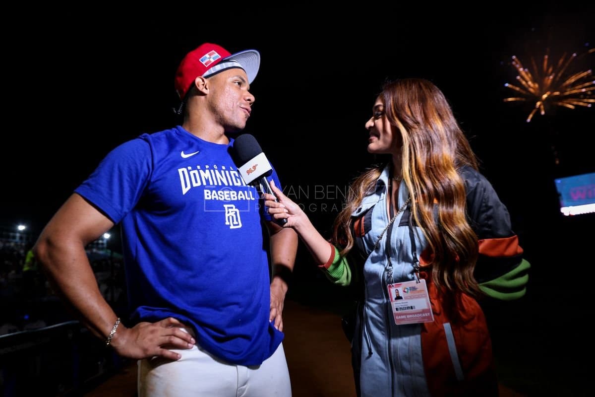 SANTO DOMINGO, DOMINICAN REPUBLIC - MARCH 03: Juan Soto #22 of the Dominican Republic speaks with media after an exhibition game against the Detroit Tigers at Estadio Quisqueya on March 03, 2026 in Santo Domingo, Dominican Republic. (Photo by Bryan Bennett/Getty Images)
