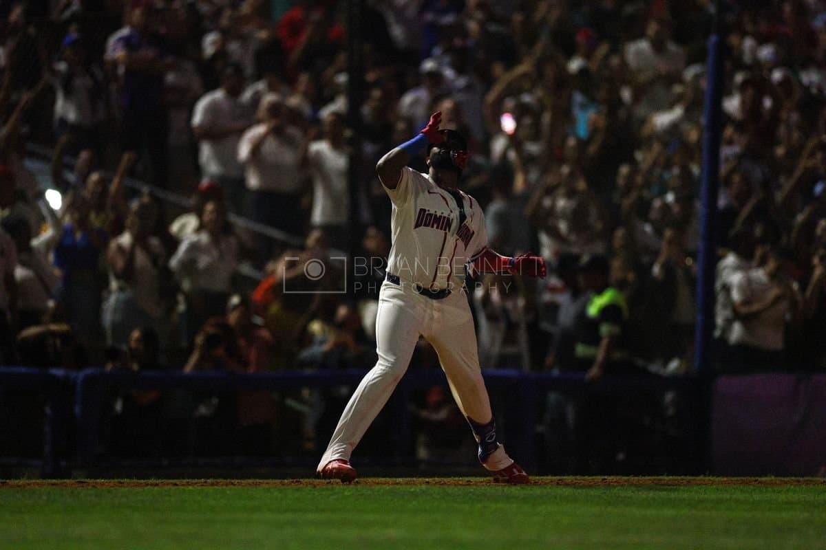 SANTO DOMINGO, DOMINICAN REPUBLIC - MARCH 03: Junior Caminero #13 of the Dominican Republic reacts after hitting a home run during the fourth inning of an exhibition game against the Detroit Tigers at Estadio Quisqueya on March 03, 2026 in Santo Domingo, Dominican Republic. (Photo by Bryan Bennett/Getty Images)