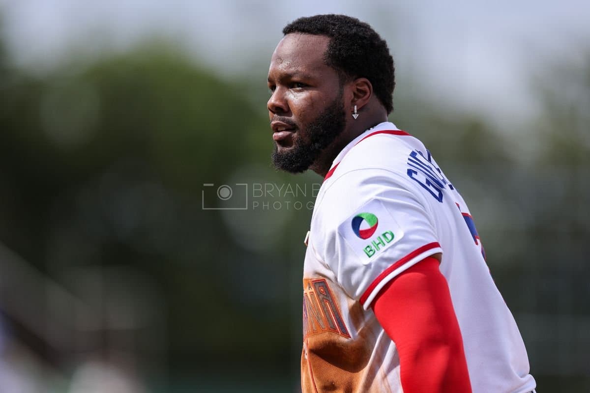 SANTO DOMINGO, DOMINICAN REPUBLIC - MARCH 04: Vladimir Guerrero Jr. #27 of the Dominican Republic reacts during an exhibition game against the Detroit Tigers at Estadio Quisqueya on March 04, 2026 in Santo Domingo, Dominican Republic. (Photo by Bryan Bennett/Getty Images)