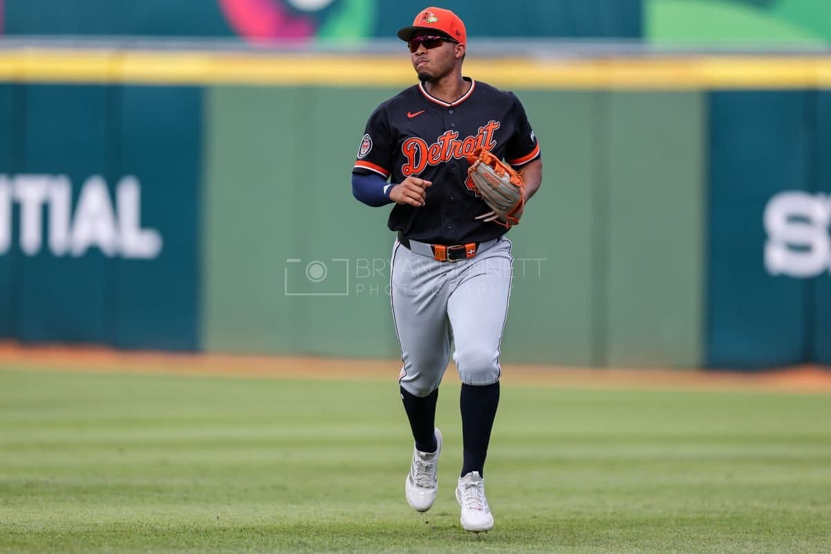 SANTO DOMINGO, DOMINICAN REPUBLIC - MARCH 04: Wenceel Pérez #46 of the Detroit Tigers looks on during an exhibition game against the Dominican Republic at Estadio Quisqueya on March 04, 2026 in Santo Domingo, Dominican Republic. (Photo by Bryan Bennett/Getty Images)
