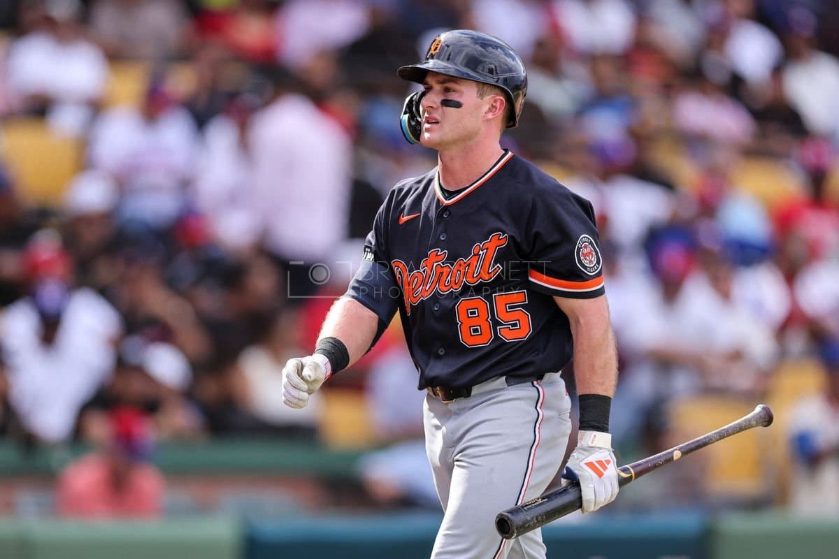 SANTO DOMINGO, DOMINICAN REPUBLIC - MARCH 04: Kevin McGonigle #85 of the Detroit Tigers looks on during an exhibition game against the Dominican Republic at Estadio Quisqueya on March 04, 2026 in Santo Domingo, Dominican Republic. (Photo by Bryan Bennett/Getty Images)