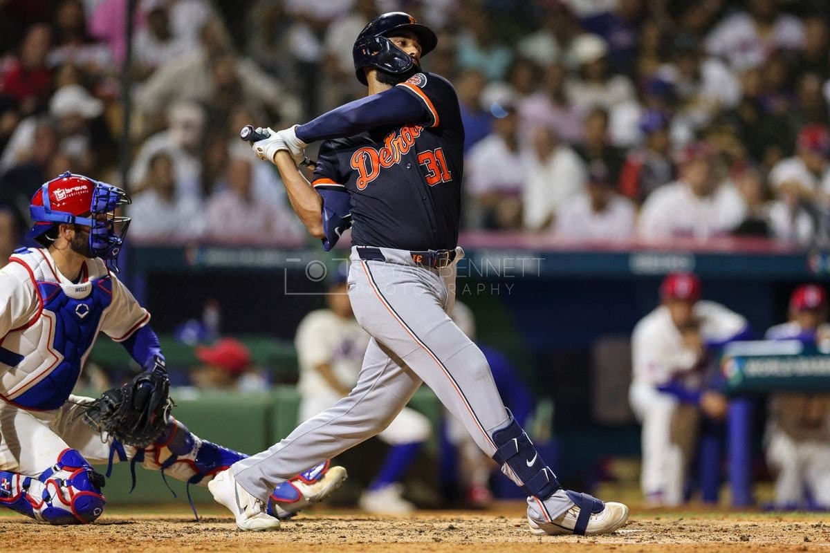 SANTO DOMINGO, DOMINICAN REPUBLIC - MARCH 03: Riley Greene #31 of the Detroit Tigers bats during an exhibition game against the Dominican Republic at Estadio Quisqueya on March 03, 2026 in Santo Domingo, Dominican Republic. (Photo by Bryan Bennett/Getty Images)