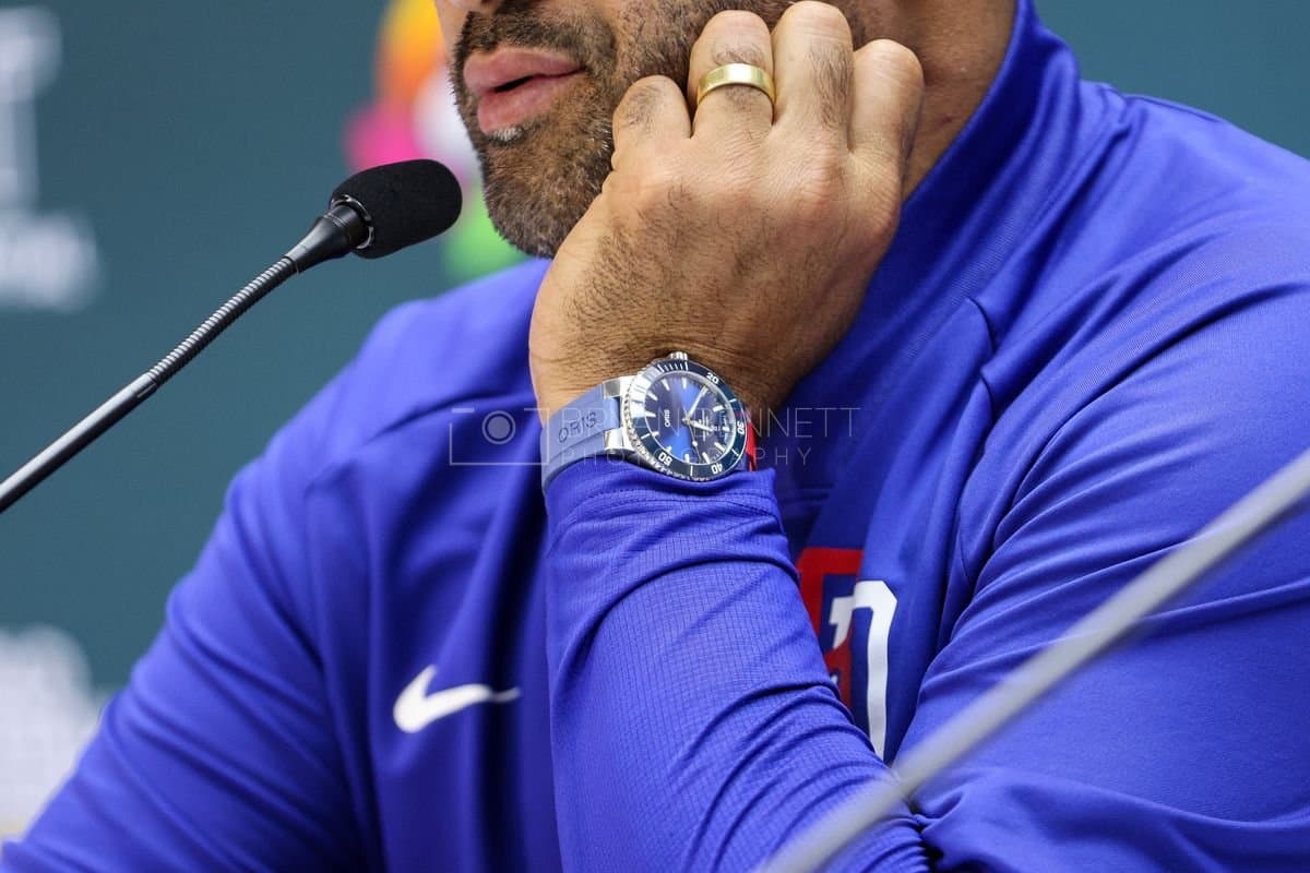 SANTO DOMINGO, DOMINICAN REPUBLIC - MARCH 04: Manager Albert Pujols of the Dominican Republic speaks with media after an exhibition game against the Detroit Tigers at Estadio Quisqueya on March 04, 2026 in Santo Domingo, Dominican Republic. (Photo by Bryan Bennett/Getty Images)