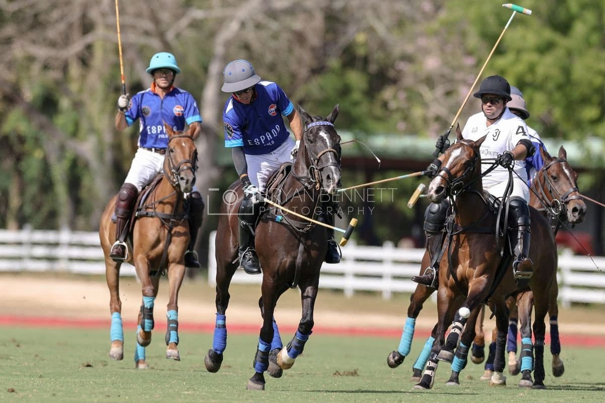 La Romanza 3J and La Espada Gulf play polo during the Copa Britanica at Casa de Campo Polo Club in La Romana, Dominican Republic on March 6, 2026. (Photos by Bryan Bennett)