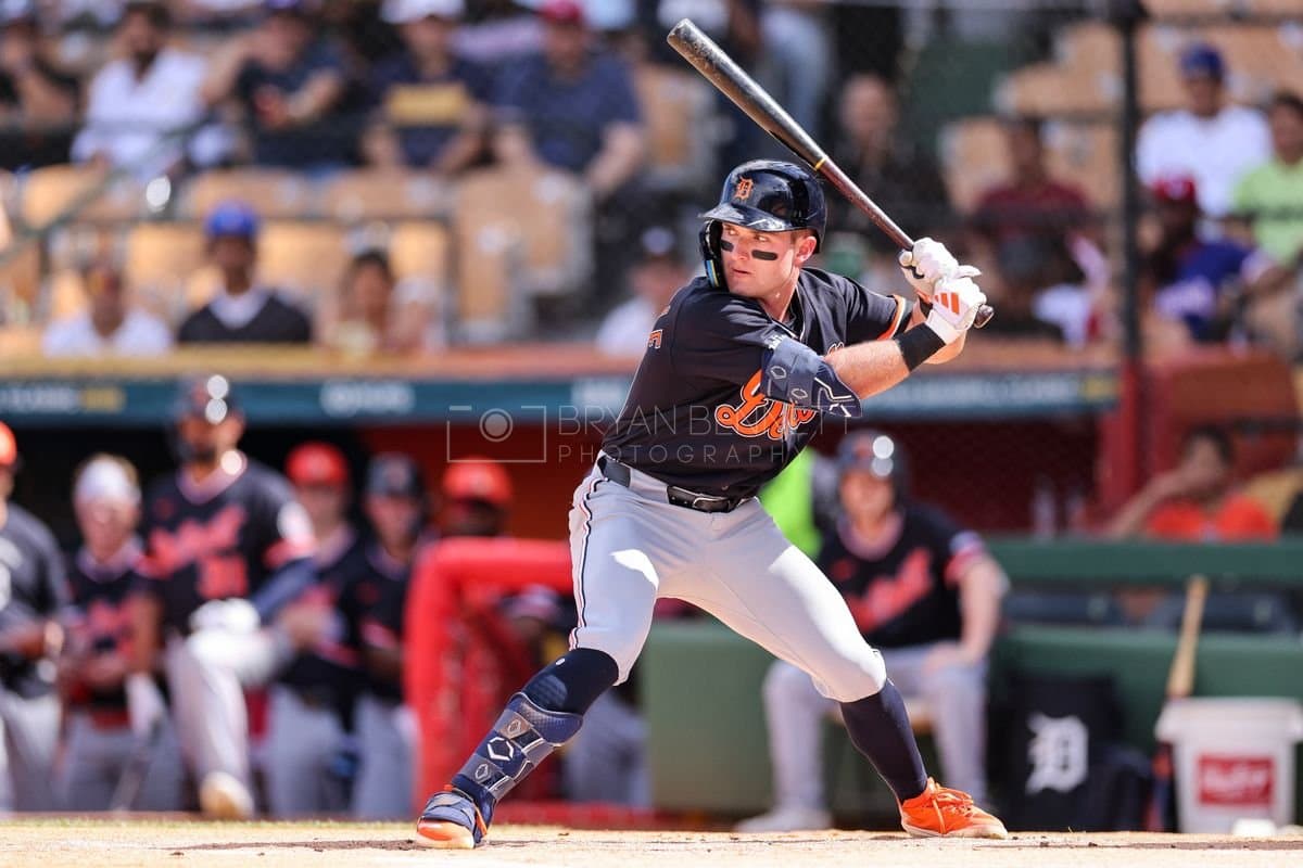 SANTO DOMINGO, DOMINICAN REPUBLIC - MARCH 04: Kevin McGonigle #85 of the Detroit Tigers bats during an exhibition game against the Dominican Republic at Estadio Quisqueya on March 04, 2026 in Santo Domingo, Dominican Republic. (Photo by Bryan Bennett/Getty Images)