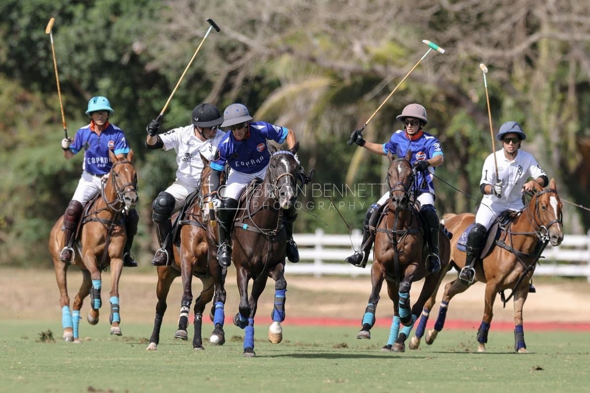 La Romanza 3J and La Espada Gulf play polo during the Copa Britanica at Casa de Campo Polo Club in La Romana, Dominican Republic on March 6, 2026. (Photos by Bryan Bennett)