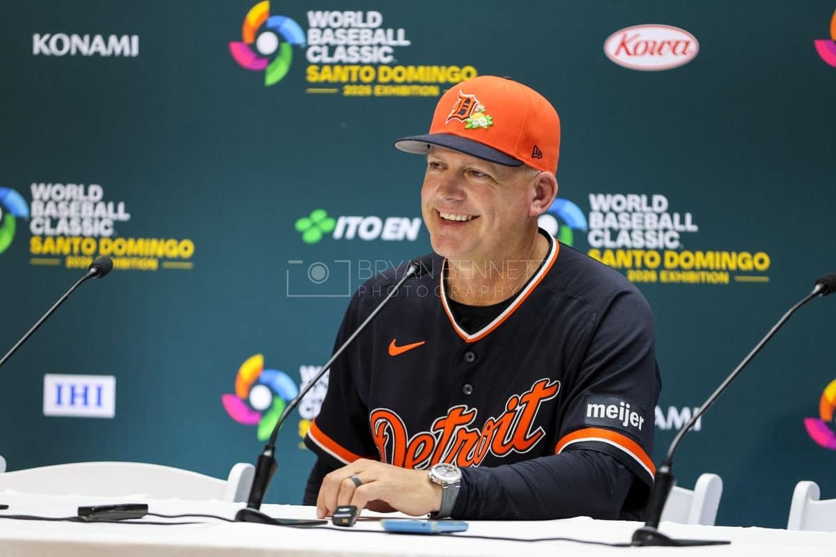 SANTO DOMINGO, DOMINICAN REPUBLIC - MARCH 04: Manager A.J. Hinch of the Detroit Tigers speaks with media after an exhibition game against the Dominican Republic at Estadio Quisqueya on March 04, 2026 in Santo Domingo, Dominican Republic. (Photo by Bryan Bennett/Getty Images)