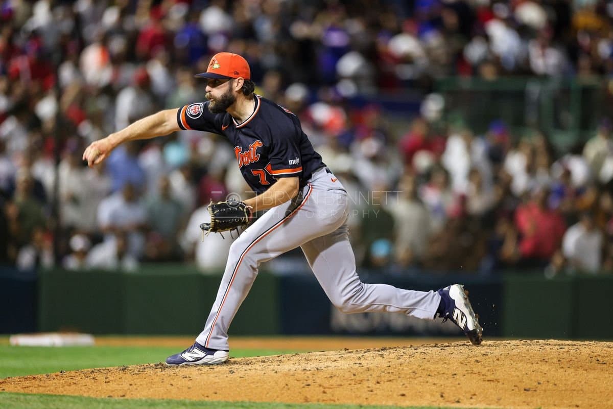 SANTO DOMINGO, DOMINICAN REPUBLIC - MARCH 03: Brenan Hanifee #75 of the Detroit Tigers pitches during an exhibition game against the Dominican Republic at Estadio Quisqueya on March 03, 2026 in Santo Domingo, Dominican Republic. (Photo by Bryan Bennett/Getty Images)