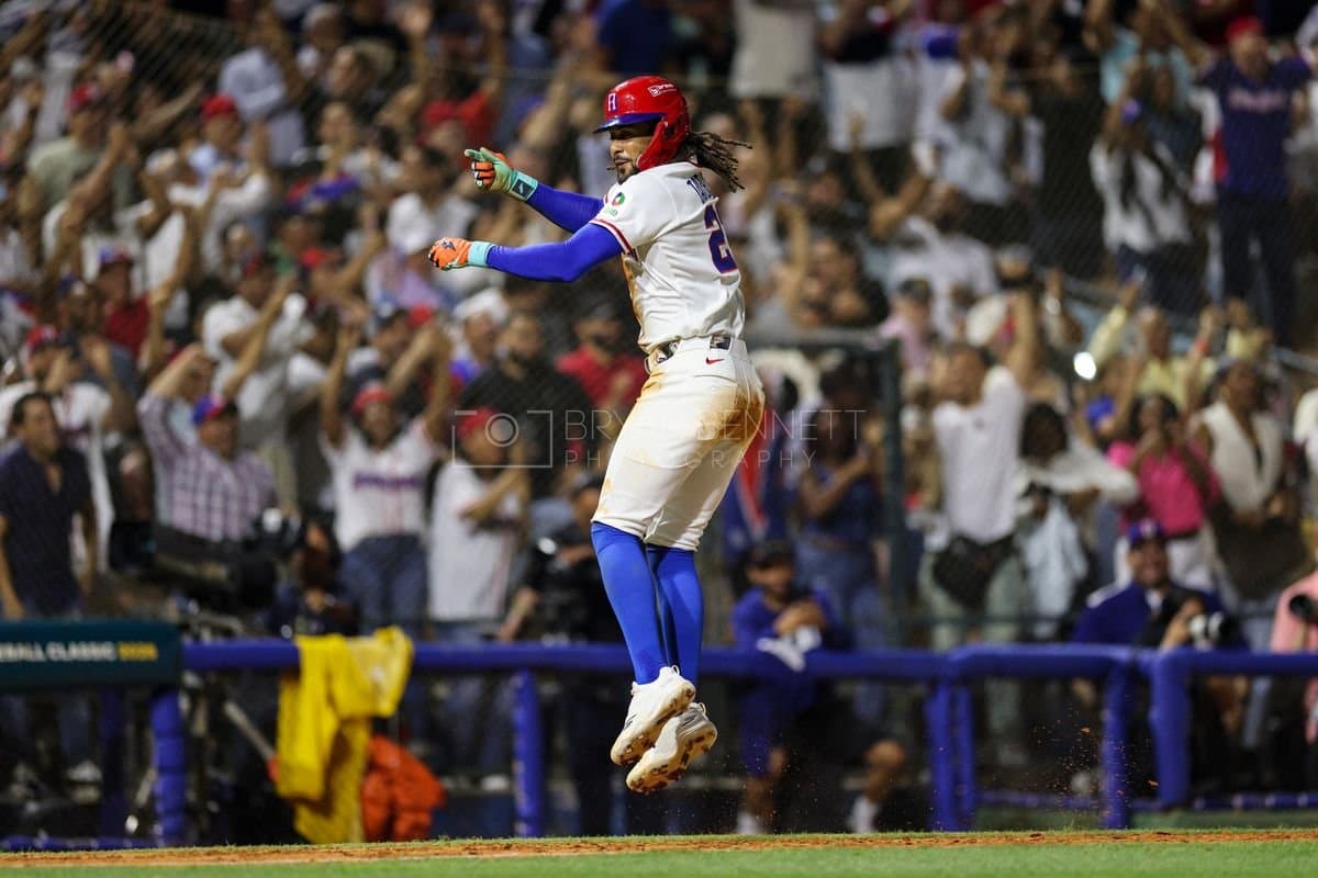 SANTO DOMINGO, DOMINICAN REPUBLIC - MARCH 03: Fernando Tatis Jr. #23 of the Dominican Republic celebrates during the fourth inning against the Detroit Tigers at Estadio Quisqueya on March 03, 2026 in Santo Domingo, Dominican Republic. (Photo by Bryan M. Bennett/Getty Images)