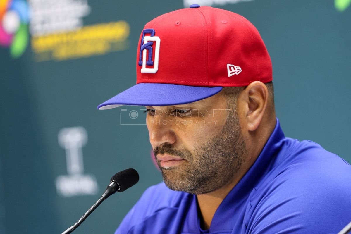 SANTO DOMINGO, DOMINICAN REPUBLIC - MARCH 03: Manager Albert Pujols of the Dominican Republic speaks with media after an exhibition game between the Detroit Tigers and the Dominican Republic at Estadio Quisqueya on March 03, 2026 in Santo Domingo, Dominican Republic. (Photo by Bryan Bennett/Getty Images)