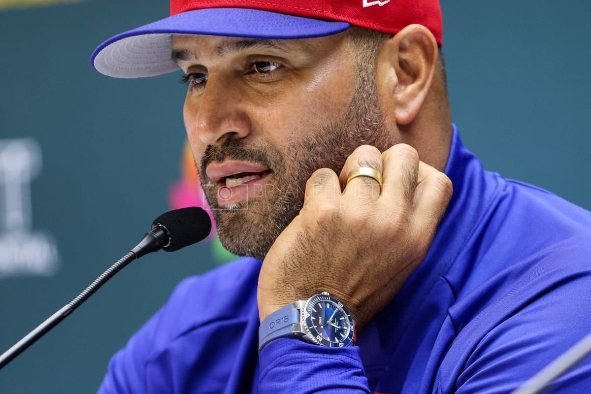 SANTO DOMINGO, DOMINICAN REPUBLIC - MARCH 04: Manager Albert Pujols of the Dominican Republic speaks with media after an exhibition game against the Detroit Tigers at Estadio Quisqueya on March 04, 2026 in Santo Domingo, Dominican Republic. (Photo by Bryan Bennett/Getty Images)