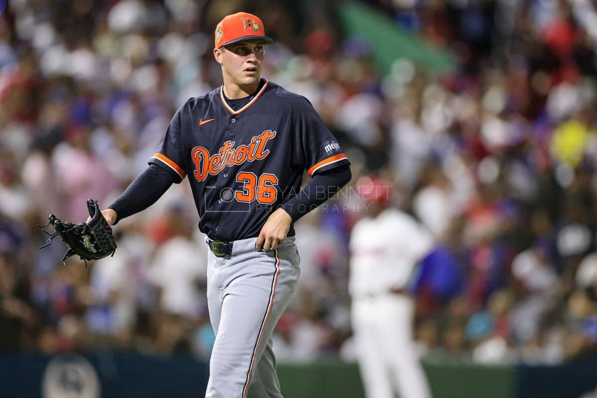 SANTO DOMINGO, DOMINICAN REPUBLIC - MARCH 03: Ty Madden #36 of the Detroit Tigers looks on during an exhibition game against the Dominican Republic at Estadio Quisqueya on March 03, 2026 in Santo Domingo, Dominican Republic. (Photo by Bryan Bennett/Getty Images)