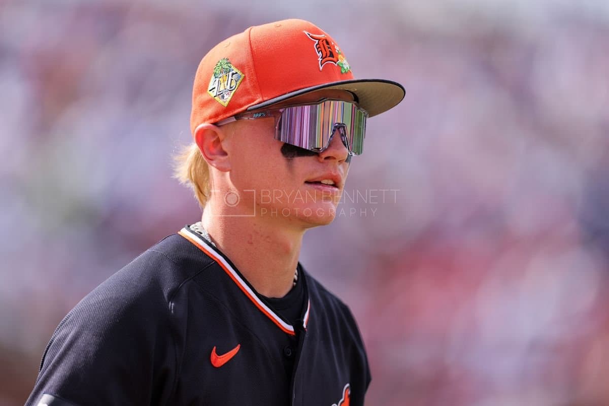 SANTO DOMINGO, DOMINICAN REPUBLIC - MARCH 04: Max Clark #84 of the Detroit Tigers looks on during an exhibition game against the Dominican Republic at Estadio Quisqueya on March 04, 2026 in Santo Domingo, Dominican Republic. (Photo by Bryan Bennett/Getty Images)