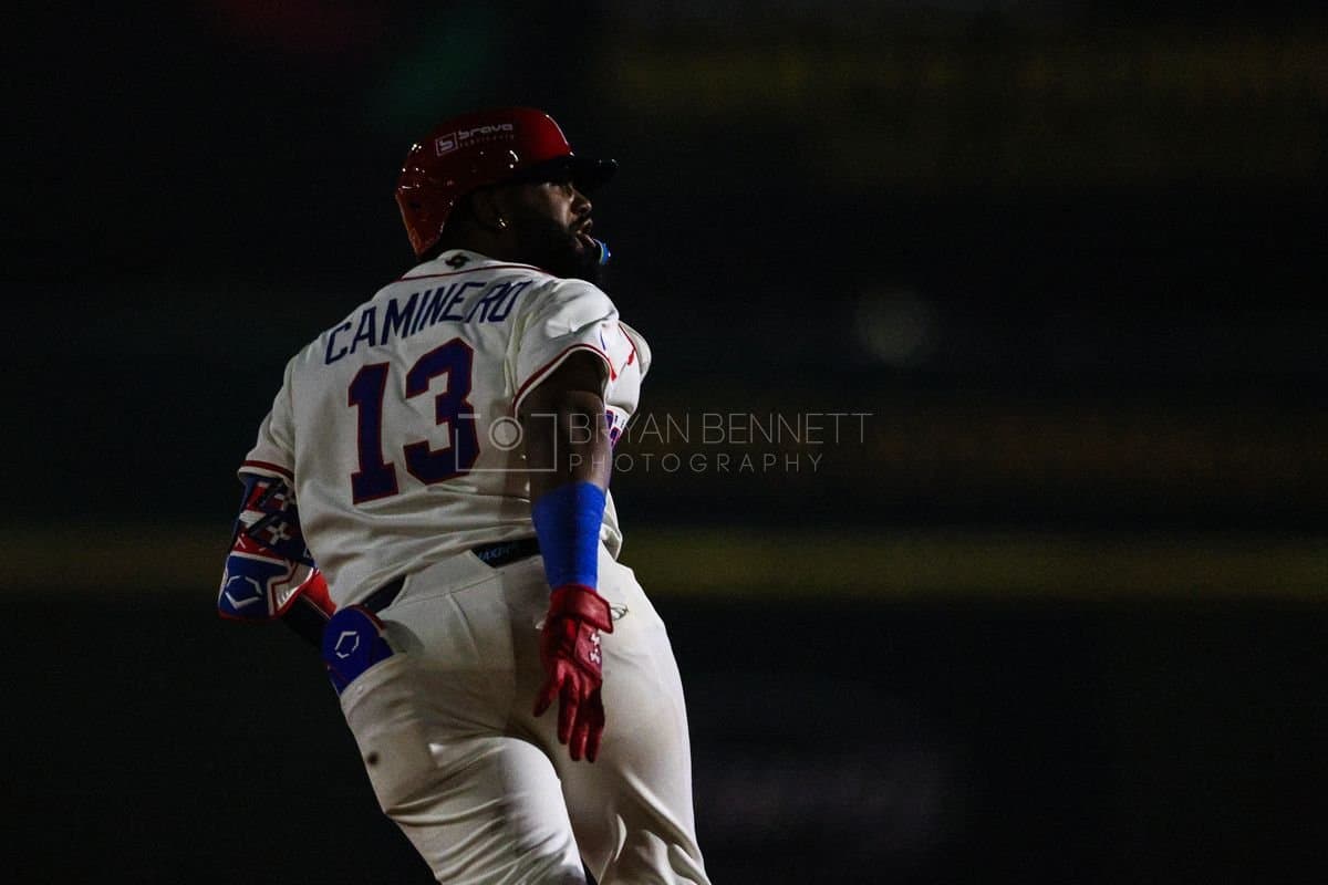 SANTO DOMINGO, DOMINICAN REPUBLIC - MARCH 03: Junior Caminero #13 of the Dominican Republic reacts after hitting a home run during the fourth inning against the Detroit Tigers at Estadio Quisqueya on March 03, 2026 in Santo Domingo, Dominican Republic. (Photo by Bryan M. Bennett/Getty Images)