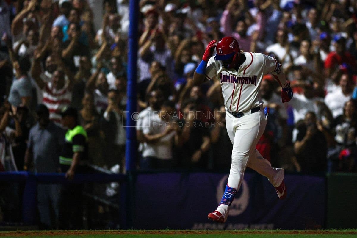 SANTO DOMINGO, DOMINICAN REPUBLIC - MARCH 03: Junior Caminero #13 of the Dominican Republic reacts after hitting a home run during the fourth inning of an exhibition game against the Detroit Tigers at Estadio Quisqueya on March 03, 2026 in Santo Domingo, Dominican Republic. (Photo by Bryan Bennett/Getty Images)
