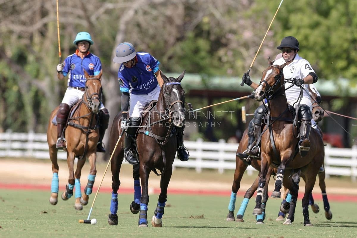 La Romanza 3J and La Espada Gulf play polo during the Copa Britanica at Casa de Campo Polo Club in La Romana, Dominican Republic on March 6, 2026. (Photos by Bryan Bennett)