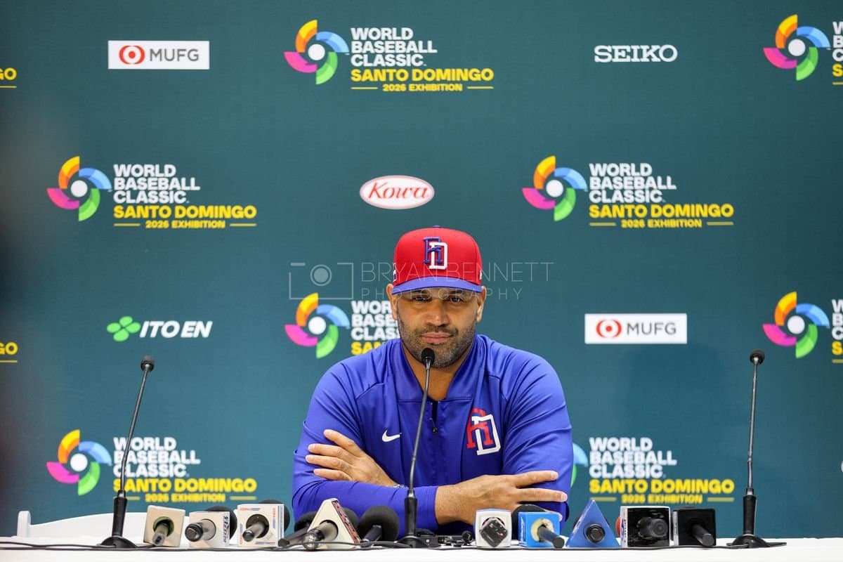 SANTO DOMINGO, DOMINICAN REPUBLIC - MARCH 04: Manager Albert Pujols of the Dominican Republic speaks with media prior to an exhibition game against the Detroit Tigers at Estadio Quisqueya on March 04, 2026 in Santo Domingo, Dominican Republic. (Photo by Bryan Bennett/Getty Images)