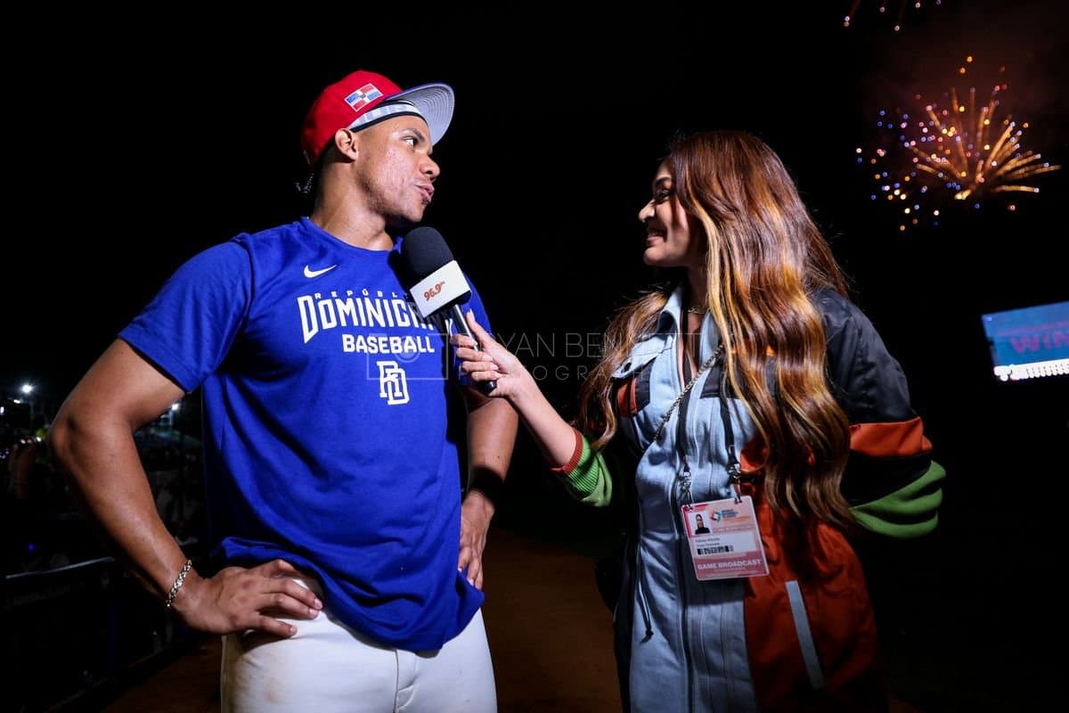 SANTO DOMINGO, DOMINICAN REPUBLIC - MARCH 03: Juan Soto #22 of the Dominican Republic is interviewed after an exhibition game against the Detroit Tigers at Estadio Quisqueya on March 03, 2026 in Santo Domingo, Dominican Republic. (Photo by Bryan M. Bennett/Getty Images)