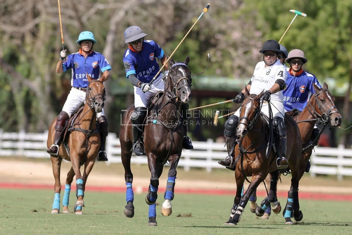 La Romanza 3J and La Espada Gulf play polo during the Copa Britanica at Casa de Campo Polo Club in La Romana, Dominican Republic on March 6, 2026. (Photos by Bryan Bennett)