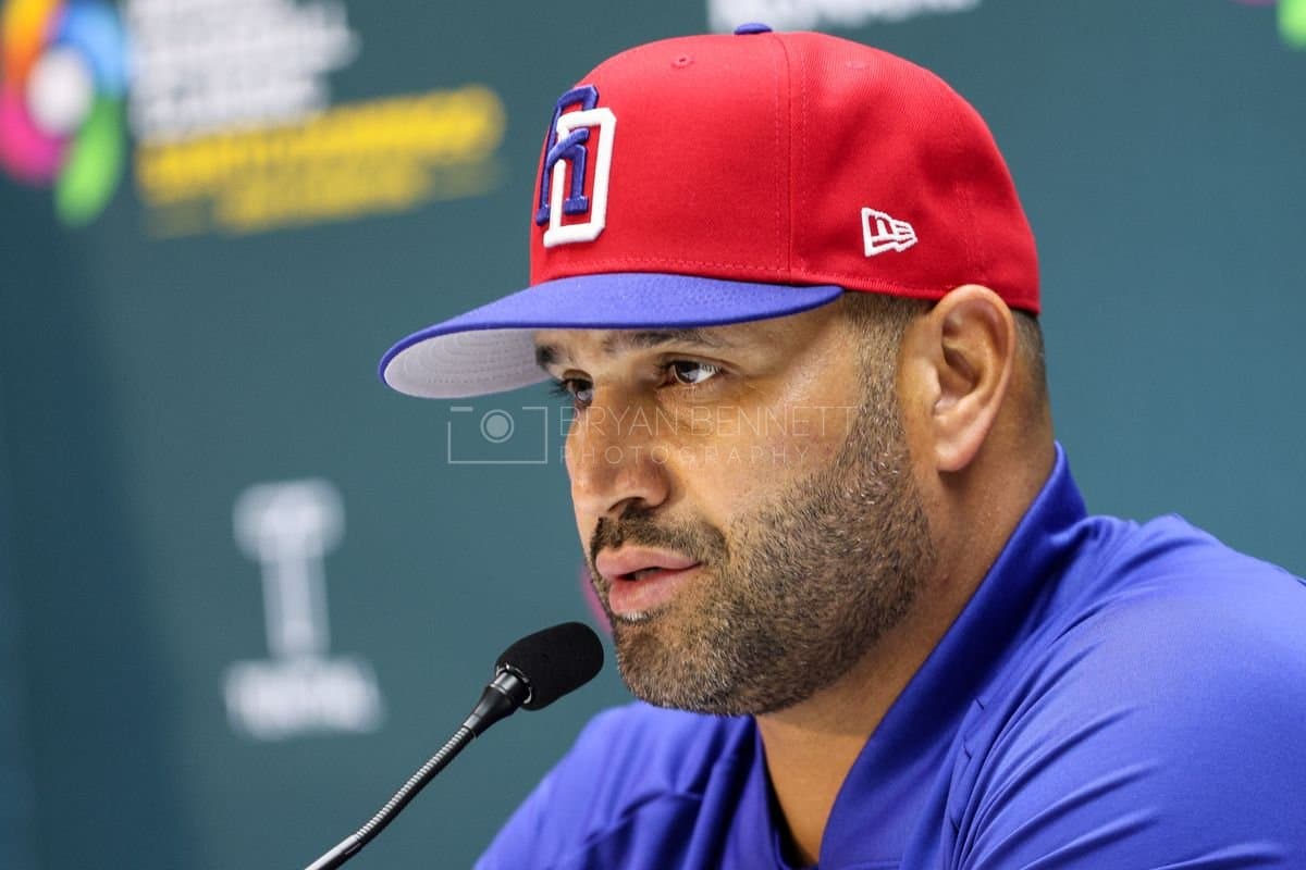 SANTO DOMINGO, DOMINICAN REPUBLIC - MARCH 03: Manager Albert Pujols of the Dominican Republic speaks with media after an exhibition game between the Detroit Tigers and the Dominican Republic at Estadio Quisqueya on March 03, 2026 in Santo Domingo, Dominican Republic. (Photo by Bryan Bennett/Getty Images)