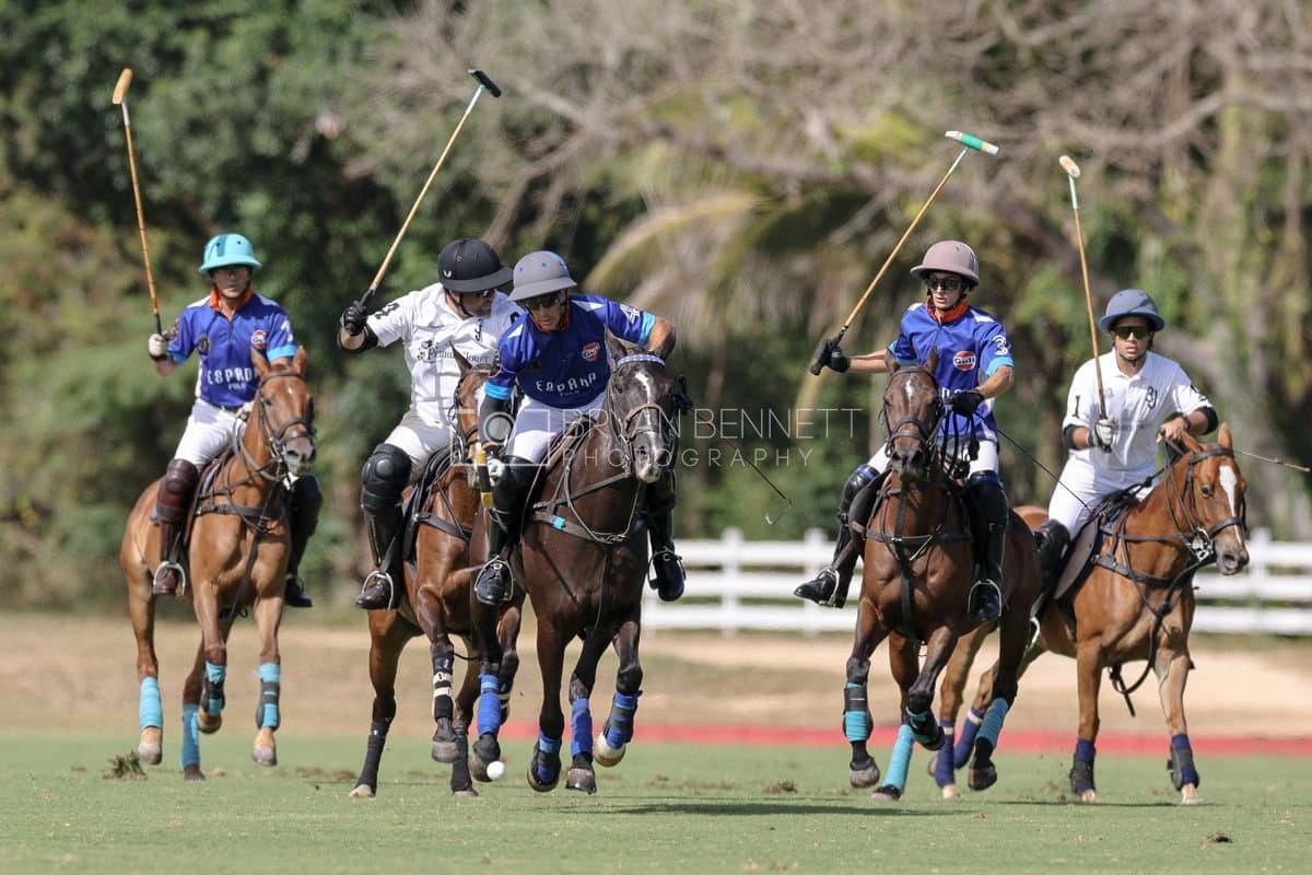 La Romanza 3J and La Espada Gulf play polo during the Copa Britanica at Casa de Campo Polo Club in La Romana, Dominican Republic on March 6, 2026. (Photos by Bryan Bennett)
